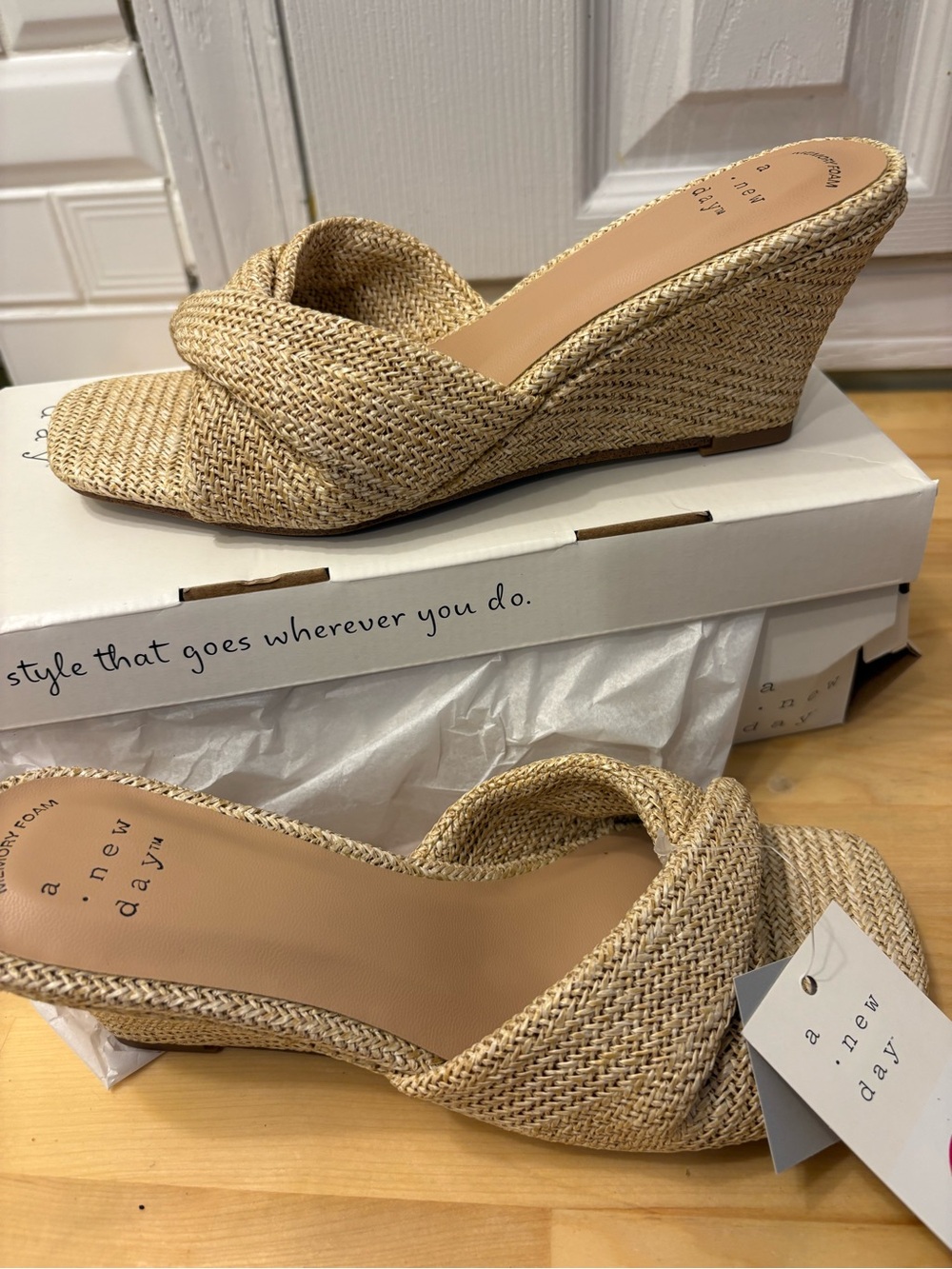 Natural Tan Wedge Slide Sandals memory foam